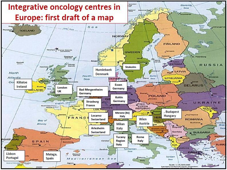 Rozmístění center integrativní onkologie v Evropské unii (stav k roku 2011)