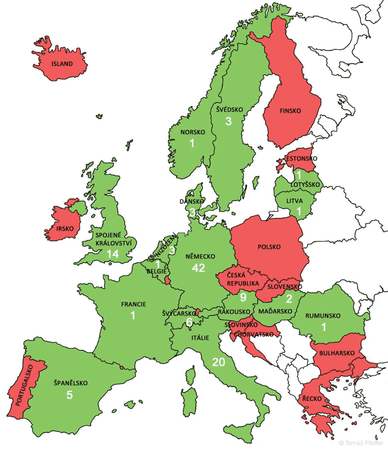 Počet výzkumných center v jednotlivých zemích EU, kde se zkoumá komplementární a alternativní medicína (CAM)
